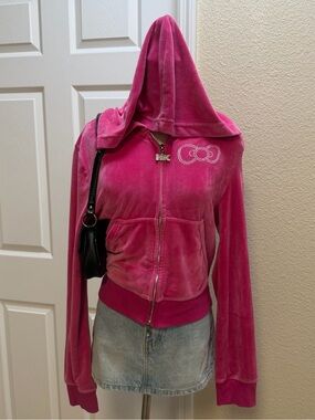 Vintage Y2K Hello Kitty Pink Velour Rhinestone Zip Hoodie L
